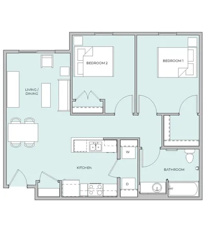 Floor plan for 2 beds, 1 bath, 870 sqft